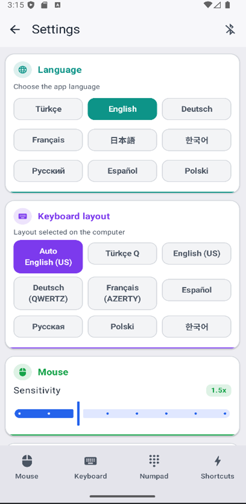 Touch4PC Bluetooth klavye ve fare uygulaması ekran görüntüsü